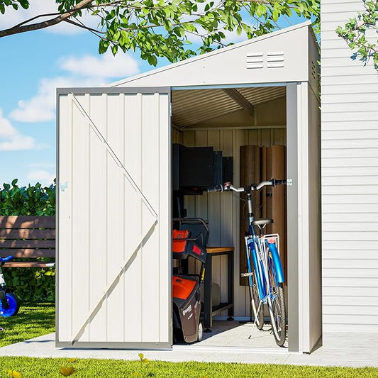 4x7 FT Outdoor Storage Shed Lean to Shed,Metal Shed W/Lockable Door & Air Vent,All Weather Waterproof Garden Tool House W/Reversible Installation,for Backyard,Patio,Lawn,White