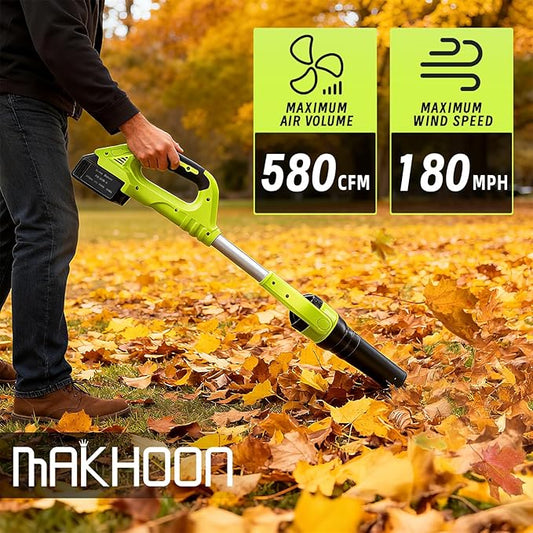 Cordless Leaf Blower, 21V Leaf Blowers, 580CFM/180 MPH Brushless Motor and 3-Speed Electric Blower, with 2 Lightweight Batteries 3.0Ah & Charger Gutter Cleaning for Garden Yard Patio