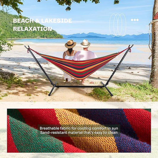 NEWBULIG Double Hammock with Stand, Heavy Duty Portable Hammocks for Outdoor Indoor Patio Camping, Space Saving Design & Carry Bag, Easy Assembly, 450lb Weight Capacity, Rainbow