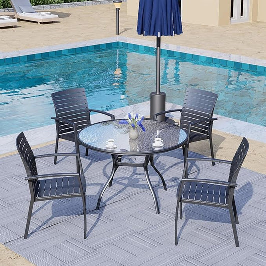 Round Outdoor Dining Table for 4 Person, 40 inch Glass Top, Black Powder-Coated Frame with Umbrella Hole Outdoor Furniture