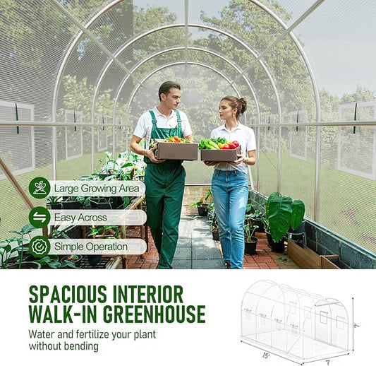SPECILITE Walk-in Tunnel Greenhouse for Outdoors, 15×7×7 FT Heavy Duty Hoop House Kit with 8 Screen Windows, Thicken PE Cover & Galvanized Frame, Portable Large Green Houses for Outside, Winter, White