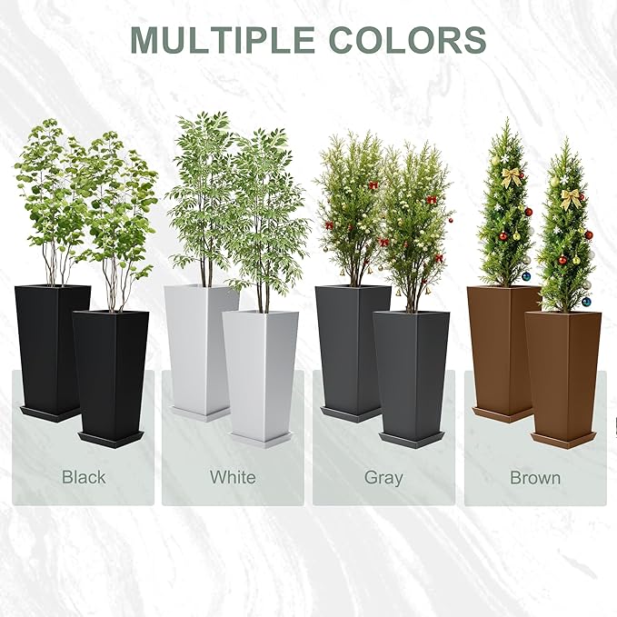 Set of 2 Tall Planters with Drainage Tray, 24 Inch Large Flower Pots for Indoor Outdoor Plants Mordern Planter Weather-Resistant for Patio, Front Door Decor, Garden (Gray)