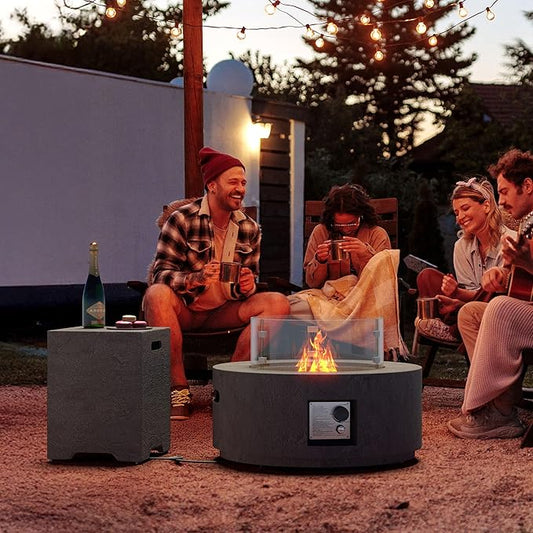 Cosiest Propane Fire Pit with Wind Guard&Tank Cover for Outside, 28 in Round Gas Fire Pits for Outdoor Patio, Certified, 50000 BTU Concrete Rectangle Base with Rain Cover, Free Lava Rocks