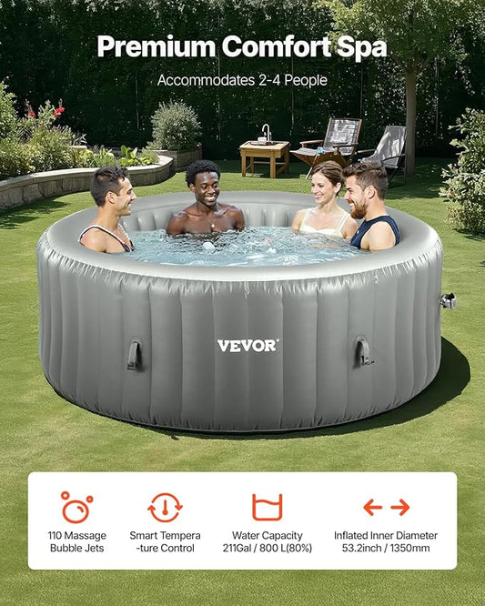 VEVOR Inflatable Hot Tub, 2 to 4 Person Capacity, 70.9 x 26 in Round Portable Outdoor Spa, with 110 Soothing Jets, Filter, Cover and Mat, Multi-Function Control Panel, PVC Outdoor Hot Tub, Grey