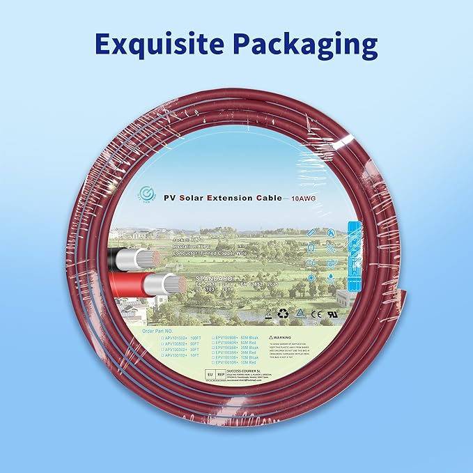 Solar Extension Cable 10 Gauge Panels Wire 10Ft 10AWG (6mmยฒ) PV Wire SJZSUNRUN Tinned Copper Wire with 2 Pairs Solar Connectors for Outdoor Automotive, Marine, (Black&Red)