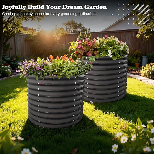 A ANLEOLIFE 30" Extra Tall Galvanized Raised Garden Beds Outdoor, 3x2.5ft Round Metal Planter Boxes for Planting Vegetables, Flowers, Fruits, Eco-Safe & Easy Setup, Quartz Grey