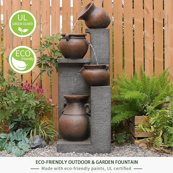 Bumilgar 53" H Large Outdoor Water Fountain with Lights - 4 Tiered Cascading Bowls Waterfall Fountain for Garden, Patio, Backyard, Porch Inside - Freestanding Outdoor Water Feature Gold