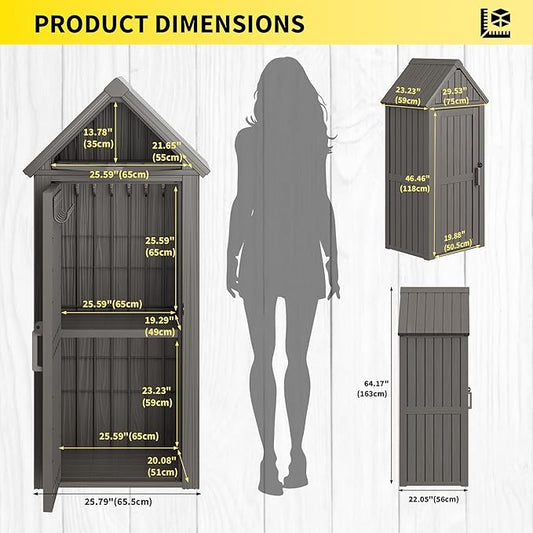 Outdoor Storage Shed with Removable Shelves, Waterproof Resin Outdoor Storage Cabinet for Small Patio, Balcony, Backyard, Vertical Storage Shed with 12 Hooks for Garden Tools, Grilling Supplies, Gray