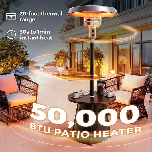 Pamapic Patio heater, 50,000 BTU Propane Outdoor Heater with Round Table, Premium 304 Stainless Steel Burner, Triple Protection System,2 in 1 Patio Heater for Outdoor Use, Residential & Commercial Use