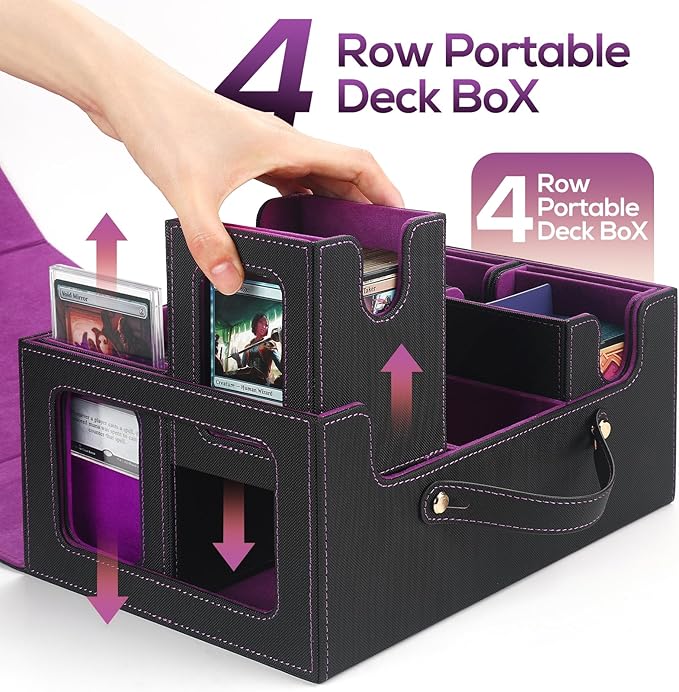 Trading Card Storage Box for MTG, MTG commander deck box,Multi-purpose Deck Case for MTG TCG Sports Card, 4 Toploaders, 4 Stoppers, 4 Colorful Dividers (Black & Purple)