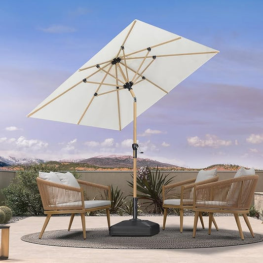 PURPLE LEAF 6.5' x 6.5' Patio Umbrella with Base Square Outdoor Table Umbrella Market Umbrella with Push Button Tilt & Crank and 8 Ribs Aluminum Outdoor Umbrella for Pool Backyard Beach, Cream