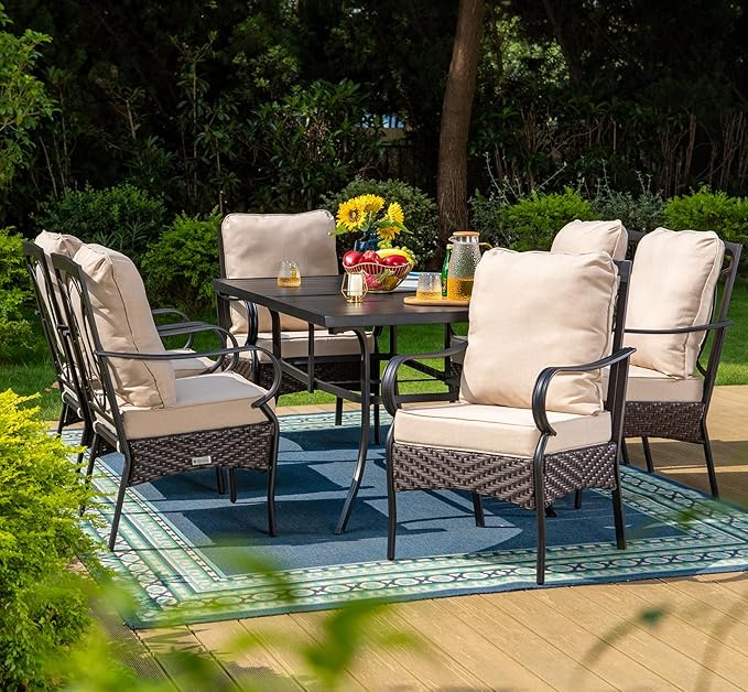 MFSTUDIO Outdoor Chairs Set of 6, Metal Wicker Dining Chairs with Thick Cushions and Armrests, Heavy Duty Outdoor Furniture Chairs for Dining Table, 300lbs