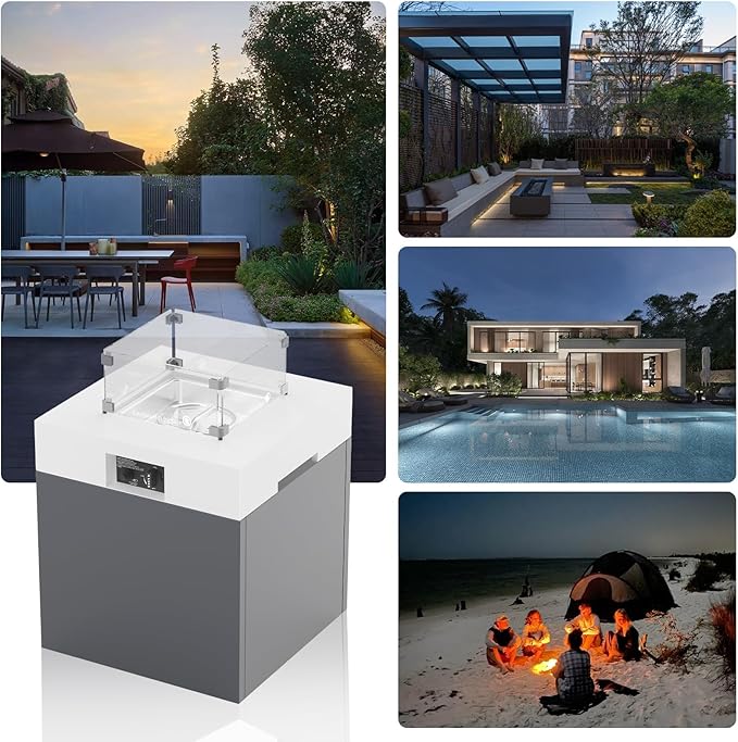 22" Aluminum Fire Pit Table, 37,000 BTU Gas Firepit for Outdoor Patio Deck and Garden, CSA Certified Fire Pit with Lid, Waterproof Cover, Glass Wind Guard and Glass Stone, White