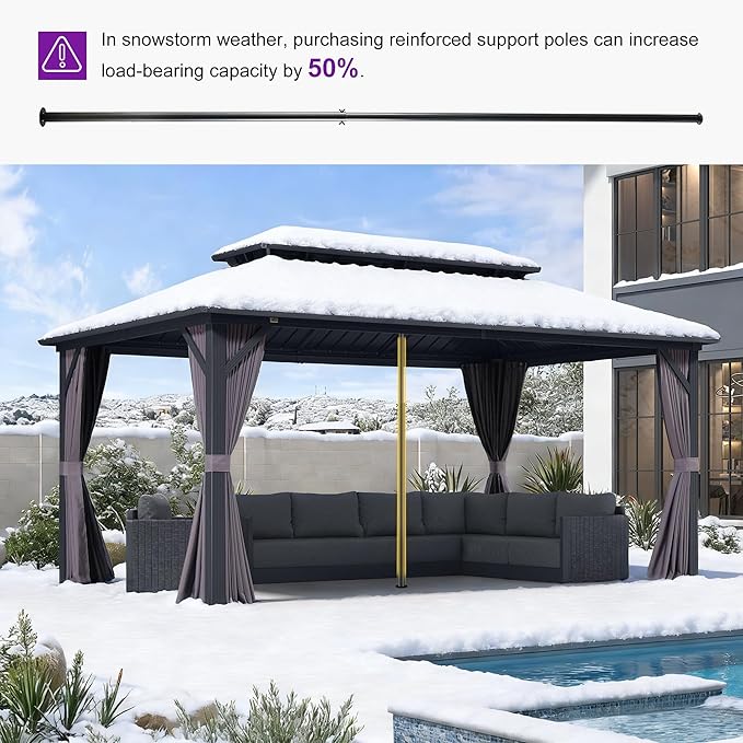PURPLE LEAF 10' X 16' Permanent Hardtop Gazebo Aluminum Frame with Galvanized Steel Double Vented Roof Includes Removable Netting and Curtains with Hooks for Garden Patio Lawns Grey