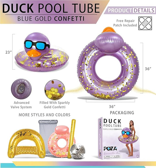 POZA Inflatable Duck Pool Float Tube- Heavy Duty Vinyl UV Resistant Confetti Pool Duck Floatie, Animal Pool Float Swim Ring Pool Inflatables for Kids and Adults for Beach, Party, Vacation