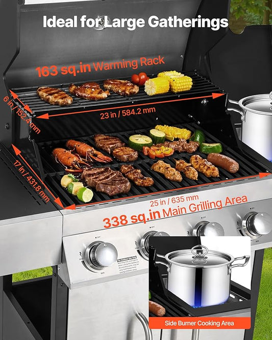 VEVOR Gas Grill, 4 Burner Propane Gas Grill with Side Burner, 425 SQ.In Grilling Area, Carbon Steel Enamel Grates, Outdoor 52,000 BTU Patio Garden BBQ Grills with Two Side Shelves, Stainless Steel