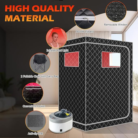 Smartmak 2 Person Portable Steam Infrared Sauna Box with 660nm Red Light Therapy Lamp for Home Relaxation, 4 L 1500W Steamer Extra Large Full Body Saunas Spa Tent, Remote Control, 2 Folding Chairs