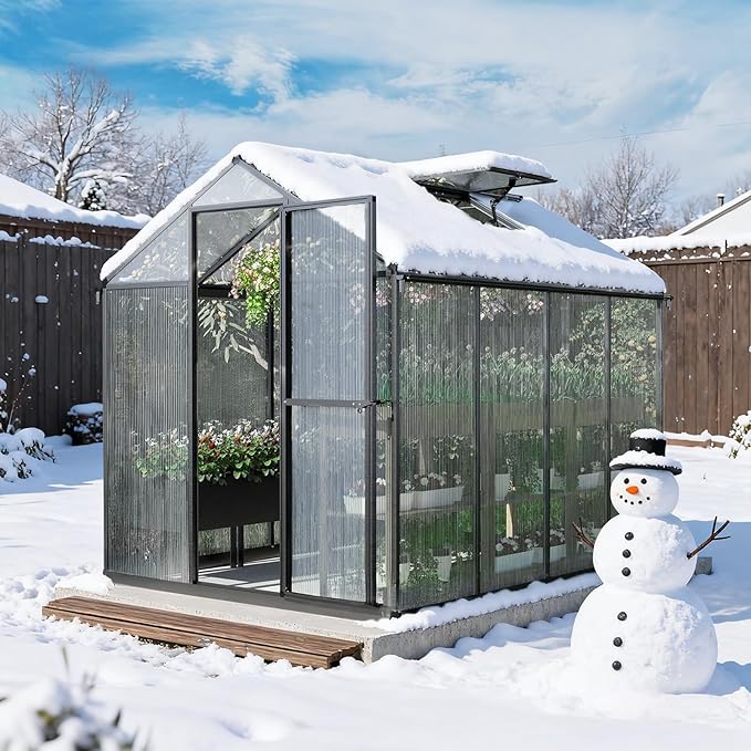 Aoodor 6 x 8 Ft Walk-in Greenhouse with Gutter, Polycarbonate and Heavy-Duty Aluminum Frame, Adjustment Skylight and Lockable 2-Sided Door for Patio, Outdoor, Yard, Lawn Use, Black