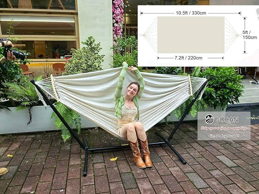 GOCAN Double Hammock 2 Person Extra Large 220x150cm Total Length 330cm Load 500lb Canvas Cotton Hammock for Patio Porch Garden Backyard Lounging Outdoor and Indoor with Removable Spreader bar