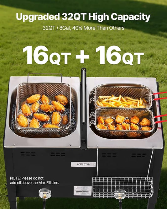 VEVOR Outdoor Propane Deep Fryer, Dual-Tank 16QTx2 Large Capacity Commercial Fryer, Stainless Steel Fish Cooker with 3 Basket, Thermometer, Floor Standing Fryers for Catering Event Camping, 50,000 BTU