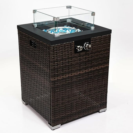 GDFStudio 22" Outdoor Propane Gas Fire Pit Table, 40,000 BTU Square Patio Heater with Wicker Base, Glass Wind Guard & Rain Cover, Small Outdoor Firepit for Garden Deck Backyard, Dark Brown