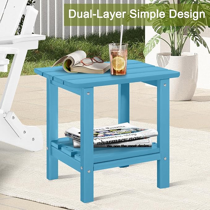 Adirondack Outdoor Side Table, 2-Tier Small Patio End Table, Weather Resistant HDPE Outdoor End Tables for Garden, Lawn, Pool, Beach, Porch, Deck, Backyard - Square, Blue