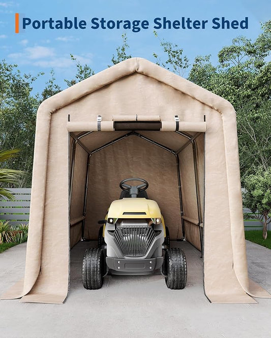 7X10 FT Heavy-Duty Portable Outdoor Storage Shed with Roll-Up Zipper Door & Vent, 240g Waterproof Carport Storage Shelter, UV-Resistant Canopy for Motorcycle, Firewood, Tools -Gray 