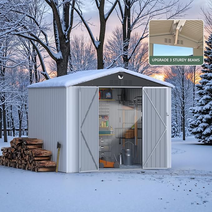 Metal Storage Shed,10x8 Outdoor Storage Building,Large Backyard Sheds with Lockable Doors,Waterproof Outside Storage Sheds,White