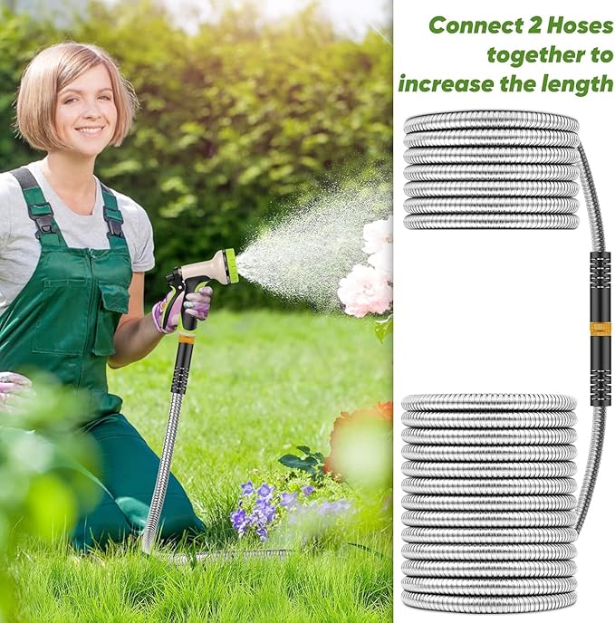 Garden Hose 200ft, Stainless Steel Heavy Duty Water Hose with 10 Function Nozzle Flexible, Lightweight, No-Kink, Pet Proof, Puncture Proof Metal Hose for Yard, Outdoor