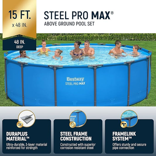 Bestway Steel Pro MAX 15’ x 48" Above Ground Pool, Round Metal Frame Outdoor Swimming Pool for Backyard, Blue, Pool ONLY