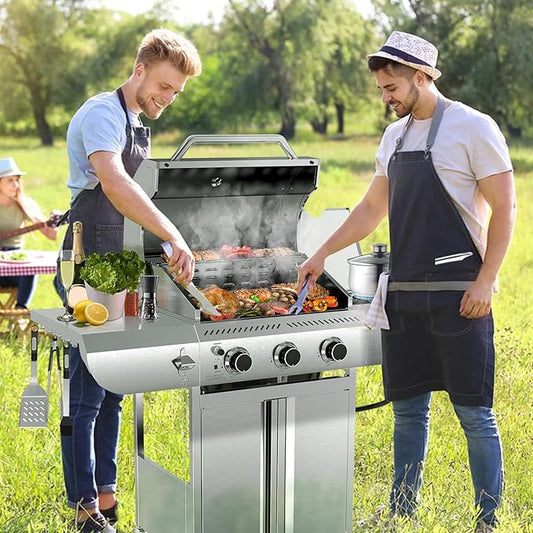 G31 pro Gas Grill 34,000 BTU 3-Burner Propane Grill with Side Burner, Stainless Steel BBQ Grill, Cast Iron Grates & Portable Cart with Wheels,Outdoor Barbecue Grill for Backyard, Patio, Camping