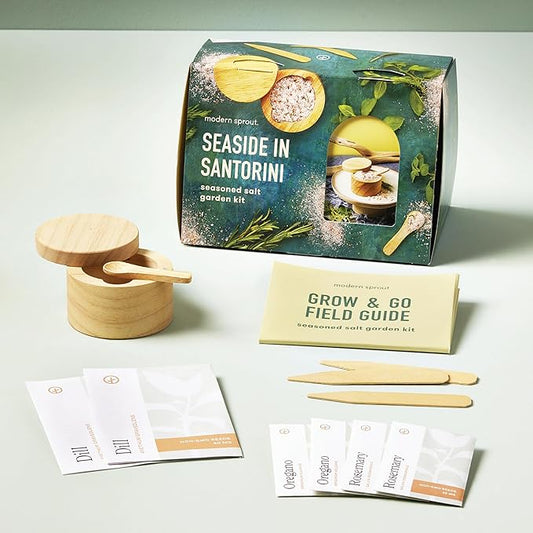 Modern Sprout Travel Trio Seaside in Santorini; Travel-Inspired Seed Kit with Salt Cellar, Organic Seed Starting; Gardening Gift (Seaside in Santorini)