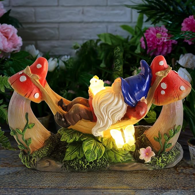 Sinhra Outdoor Garden Gnome Statue,Solar Gnomes Figurine Lying on Hammock with Bird and Mushrooms,Outdoor Garden Decoration for Patio Yard Lawn Porch,Gifts for Mom/Grandma/Women