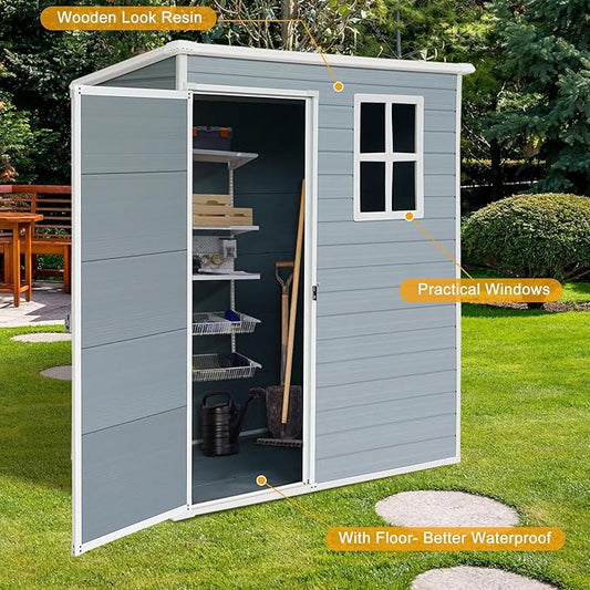 Storage Shed 5x3 ft Outdoor Storage Shed with Floor, Lean to Resin Shed with Window, Lockable Door Plastic Tool Sheds, Waterproof Shed for Garden, Patio, Backyard, Yard, Lawn, Grey
