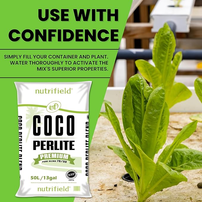 Nutrifield Coco Coir Perlite Mix, 50 Liter Bag- 70/30 Blend - Pre Buffered with Calcium, Organic Coconut Coir & Perlite for Plants - Garden Soil for Hydroponic, Indoor - Outdoor Garden & House Plant