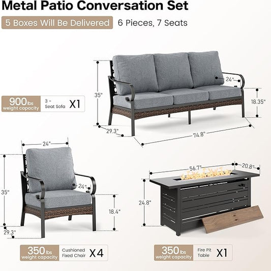 6 Piece Black Metal Outdoor Patio Furniture Sets with Firepit Table, Patio Conversation Sets 1 3-Seater Sofa, 4 Single Sofa with 5.75" Extra Cushion Backyard Furniture for Deck, Gray