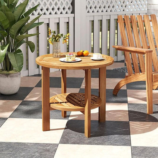 Tangkula Outdoor Round Side Table, 19.5 Inches Teak Wood Patio Table with Slatted Tabletop & Storage Shelf, 2-Tier Heavy Duty Small End Table for Backyard, Porch, Deck, Yard, Garden, Natural