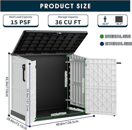 Outdoor Resin Storage Shed 36 Cu. Ft. Garden Horizontal Storage Extra Large Capacity Weather Resistant Storage Box, Lockable Resin Waterproof Shed, Light Grey