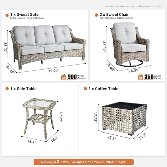5 Pieces Patio Outdoor Furniture Set with Swivel Rocking Chairs,All Weather Wicker Rattan Patio Seating Sofa and Chair Set w/Glowing Table,Outdoor Conversation Sets for Deck Yard Garden,Grey