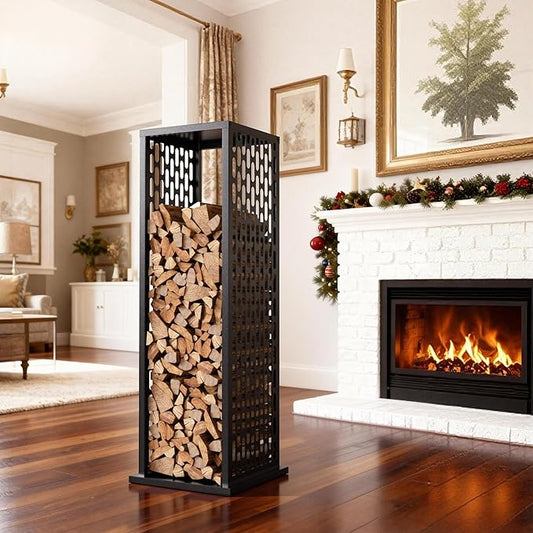 Firewood Rack, Wood Stacker Firewood Outdoor, Black Metal, 44.1 Inches, 1000 lbs Capacity, Indoor Decorative Wood Holder for Woodshed, Storeroom, Basement (Ellipticalhole)