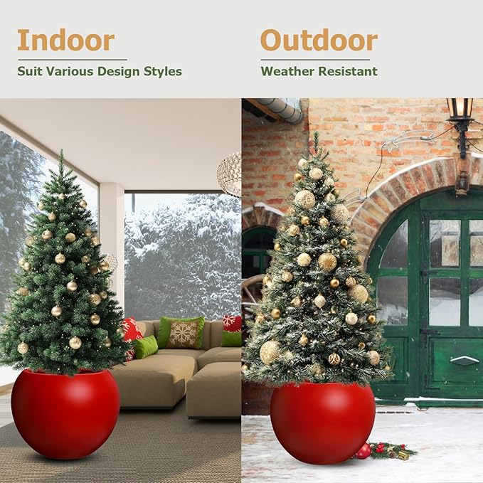12.8" H x 16" D Globo Fiberstone Round Planter - Christmas Tree Planter, Smooth Finish, Weather Resistant for Indoor & Outdoor Use, Included 2 Extra Coco Mats (Red, 10.7" Pot Opening)