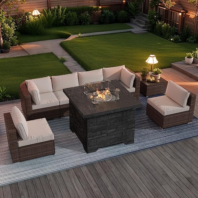 4-Piece Propane Fire Pit Table Set w Glass Wind Guard & Fire Glass Beads & Rain Cover, 35-Inch Square Outdoor Gas Fire Table 50,000 BTU for Patio, Black Terrazzo with Slate-Stone Look