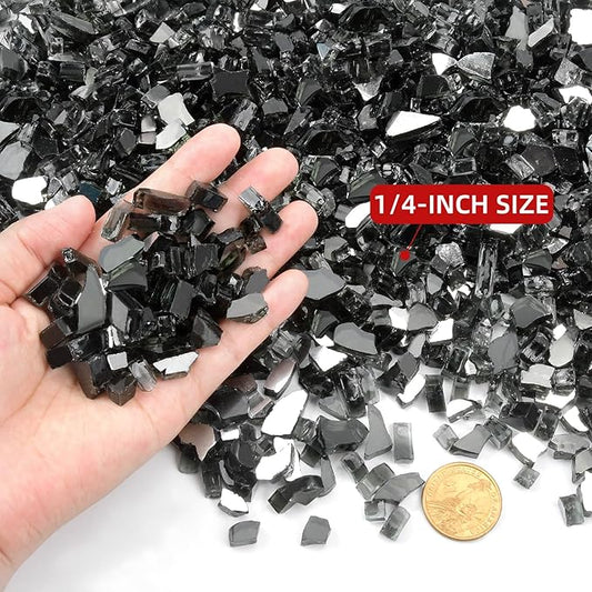 GasSaf 1/4 Inch Fire Glass Reflective Tempered Fireglass Cut Crushed FireGlass for Fire Pit, Fireplace, Replaces Existing Gas Logs & Lava Rocks (10 Pound)(Black Reflective)