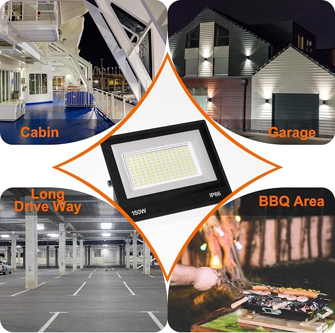 XXBSAZ 150W LED Flood Light Outdoor, High Output Plug-in & Hardwired Security Work Light, IP66 Waterproof 6500K Daylight for Large Yards, Workshops & Barn Exteriors (2 Pack)