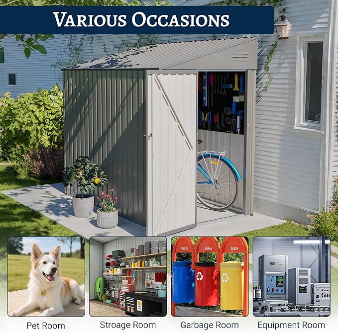4x7 FT Outdoor Storage Shed Lean to Shed,Metal Shed W/Lockable Door & Air Vent,All Weather Waterproof Garden Tool House W/Reversible Installation,for Backyard,Patio,Lawn,Olive Gray