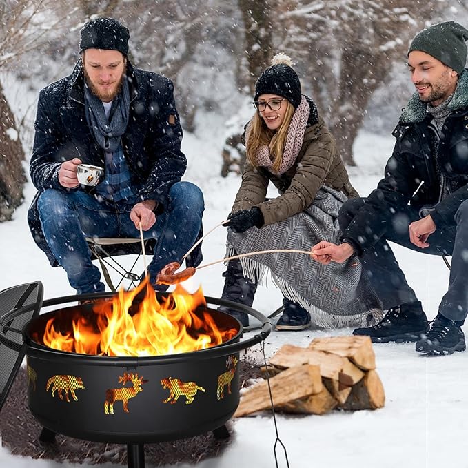 PHI VILLA 36" Outdoor Wood Burning Firepit, Large Patio Deep Bowl Steel Fire Pits with Animal Cutouts Pattern, Poker & Spark Screen