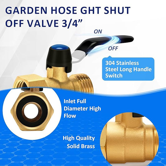 Brass Garden Hose Shut Off Valve with Full-Flow Design – Heavy Duty 3/4" GHT Nozzle Connector, 304 Stainless Steel Handle – 2 PC (Full Flow, Corrosion-Resistant)