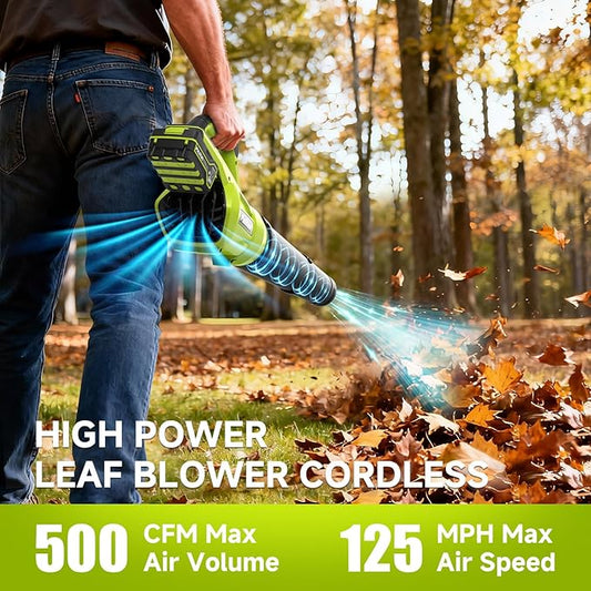 PULITUO Leaf Blower Cordless, 500CFM/ 125MPH Lightweight Cordless Blower with 2X 4.0 Batteries and Fast Charger, Variable Speed Battery Leaf Blowers for Lawn Care, Leaves, Grass, Patio, Yard