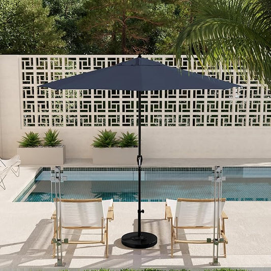 California Umbrella 9' Rd Aluminum Patio Umbrella, Crank Lift, Auto Tilt, Black Finish, Sunbrella Regatta