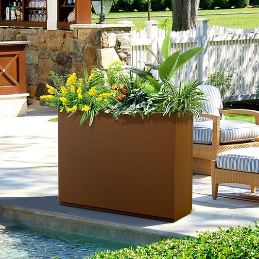 FENCY Metal Rectangular Planter Box for Outdoor - Large Planters with Drainage Holes (35.4" L x 9" W x 25.6" H, Brown)